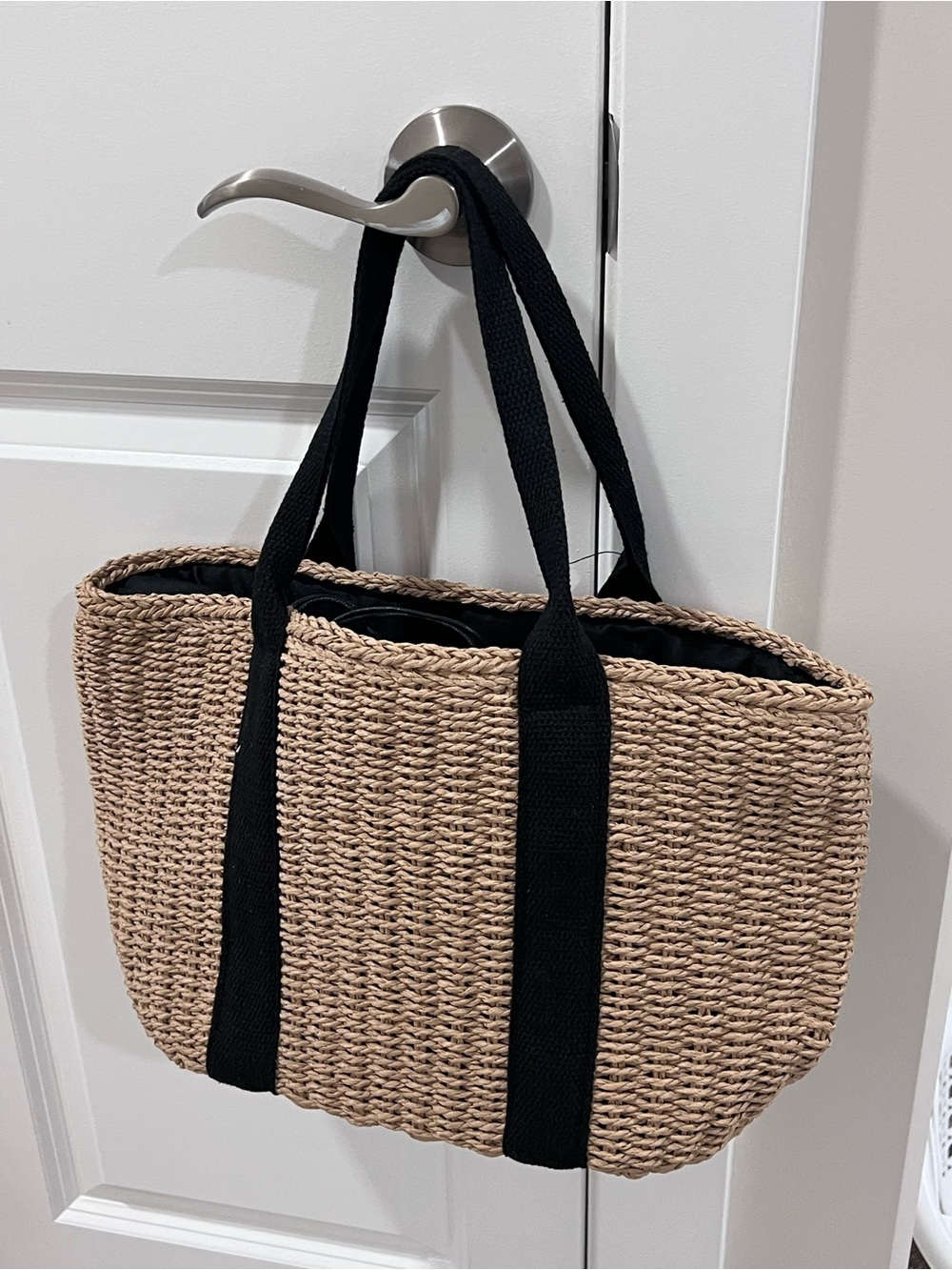 Woven Natural Straw Tote with Black Handles